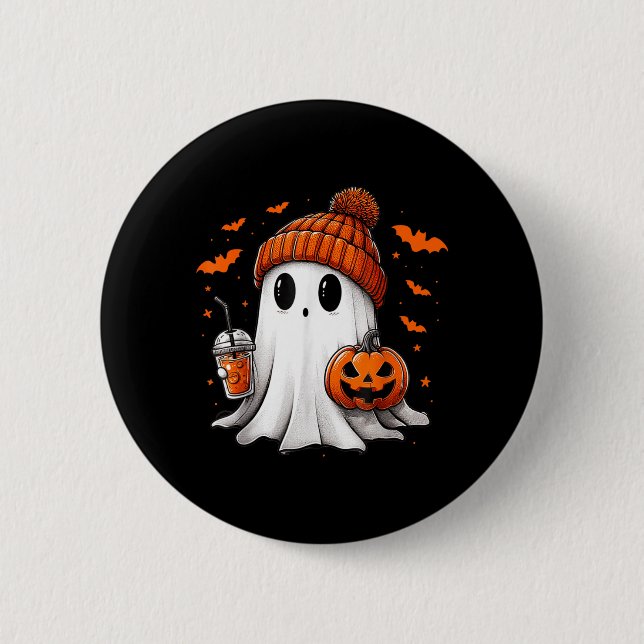 Cute Ghost Drinking Ice Coffee Halloween Pumpkin Button (Front)