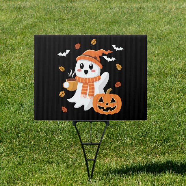 Cute Ghost Drinking Ice Coffee Halloween  Sign (Insitu)