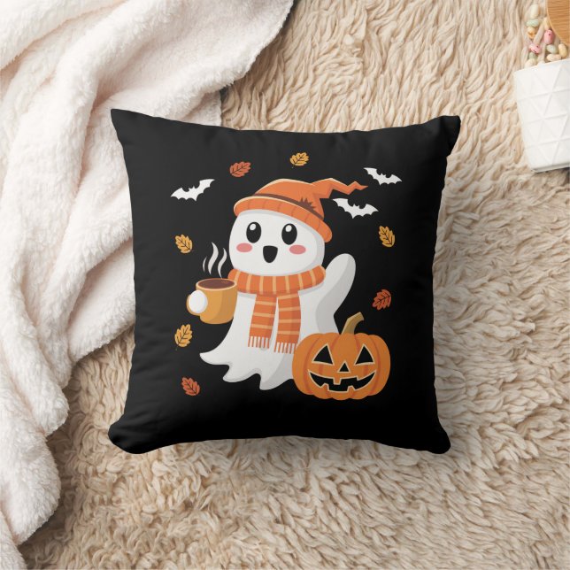 Cute Ghost Drinking Ice Coffee Halloween  Throw Pillow (Blanket)