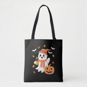 Cute Ghost Drinking Ice Coffee Halloween Tote Bag