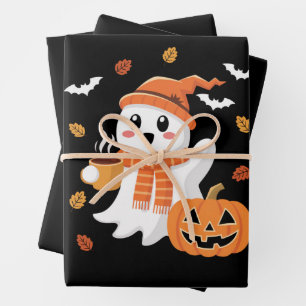 Cute Ghost Drinking Ice Coffee Halloween Wrapping Paper Sheets