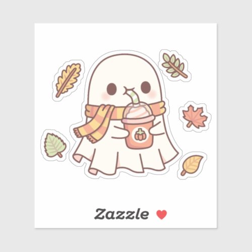 Cute Ghost Drinking Pumpkin Spice Latte Autumn Sticker