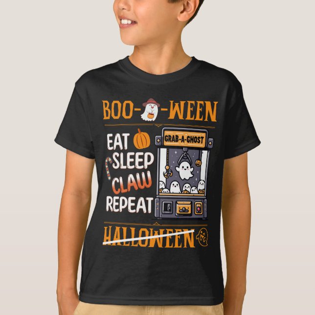 Cute Ghost Eat Sleep Claw Machine Spooky Halloween T-Shirt (Front)