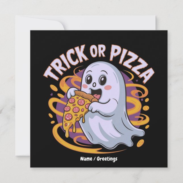 Cute Ghost Eating Pizza Fun Creepy Trick or Pizza Invitation (Front)