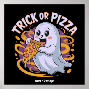 Cute Ghost Eating Pizza Fun Creepy Trick or Pizza Poster