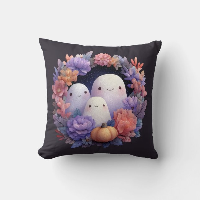 Cute Ghost Family Halloween Wreath Throw Pillow (Front)