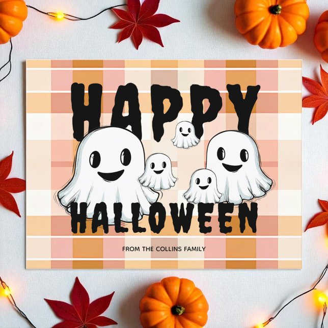 Cute Ghost Family Modern Orange Happy Halloween Holiday Postcard (Cute Ghost Family Modern Orange Happy Halloween Holiday Postcard)