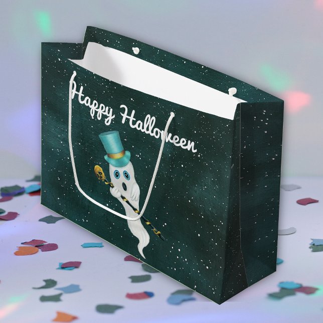 Cute Ghost Fancy Hat and Skull Cane Floating Sky Large Gift Bag (Fun fancy white ghost top hat gold skull cane floating in blue night sky Halloween gift bag.)
