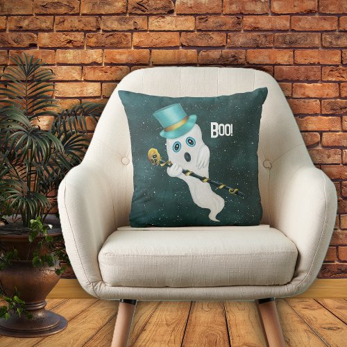 Cute Ghost Floating in Sky Skull Cane Blue Top Hat Throw Pillow