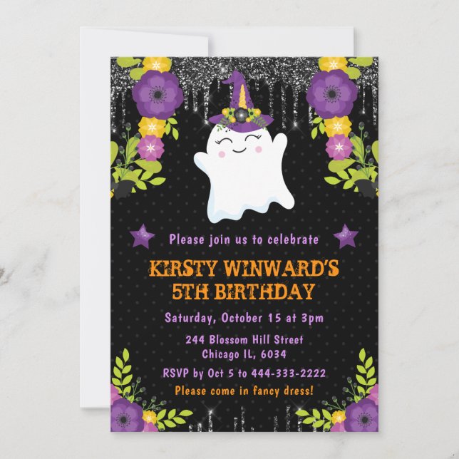 Cute Ghost Floral Halloween Birthday Invitation (Front)