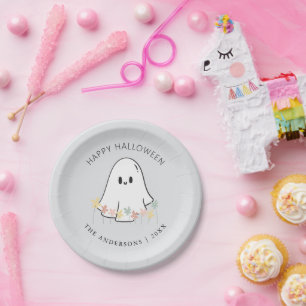 Cute Ghost Floral Halloween Gray Paper Plates