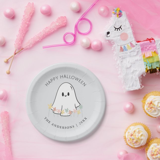 Cute Ghost Floral Halloween Gray Paper Plates (Party)