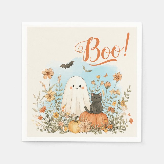 Cute Ghost Floral Halloween Napkins (Front)