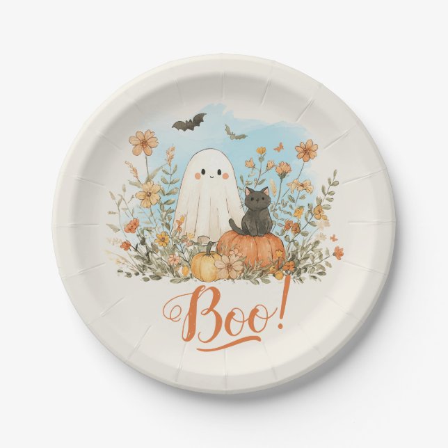 Cute Ghost Floral Halloween Paper Plates (Front)