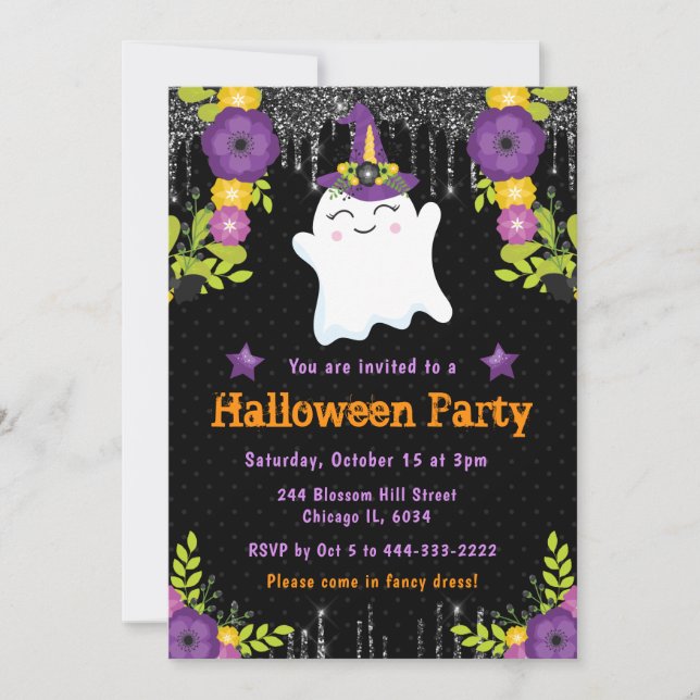 Cute Ghost Floral Halloween Party Invitation (Front)