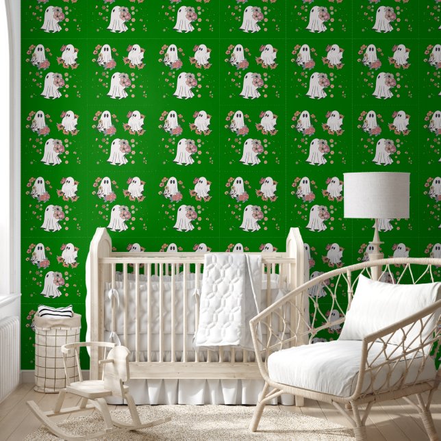 Cute ghost flower kids pattern green background wallpaper  (Kids)