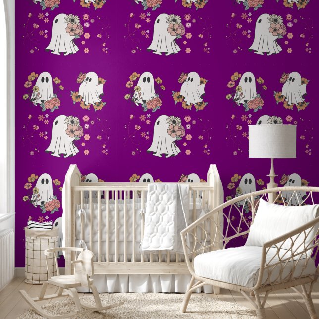 Cute ghost flower kids pattern purple background wallpaper  (Kids)