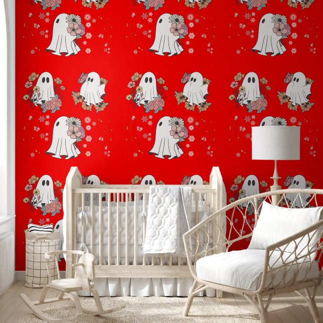 Cute ghost flower kids pattern red background wallpaper  (Kids)