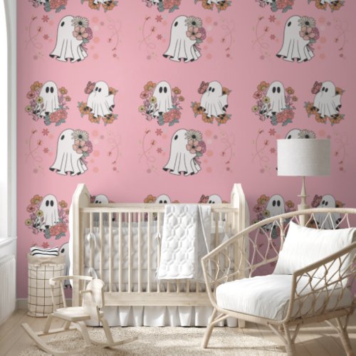 Cute ghost flower kids pink peel and stick wallpaper 