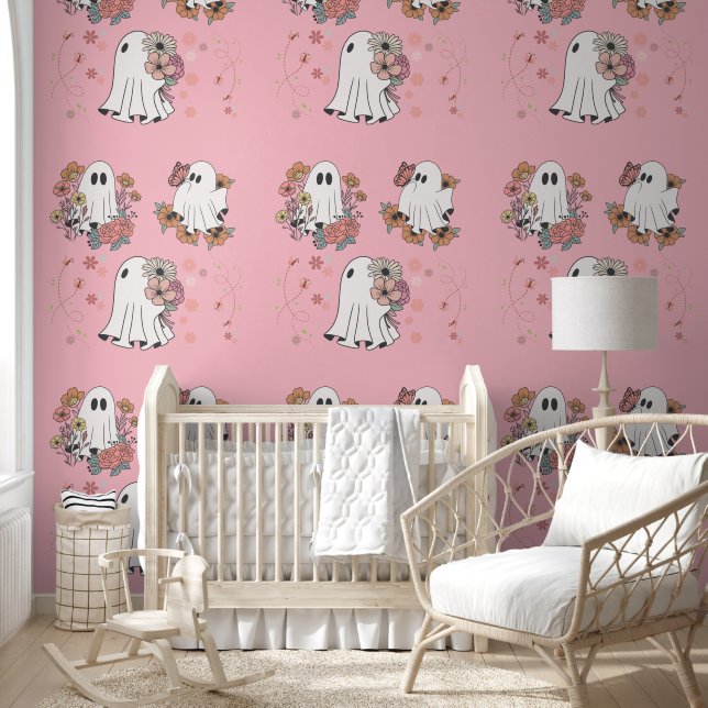 Cute ghost flower kids pink peel and stick wallpaper  (Kids)
