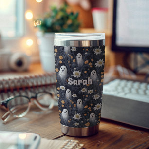 Cute Ghost Flower Pattern Halloween Custom Name Insulated Tumbler