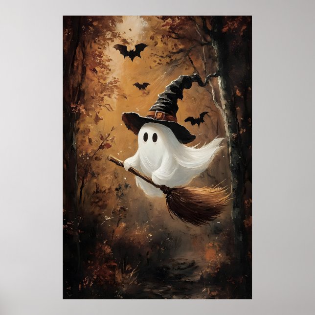Cute Ghost Flying On A Witch Broom In Autumn Poster (Front)