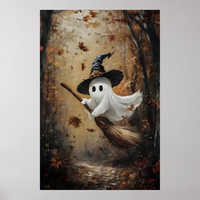 Cute ghost flying on a witch broom in autumn poster (Front)