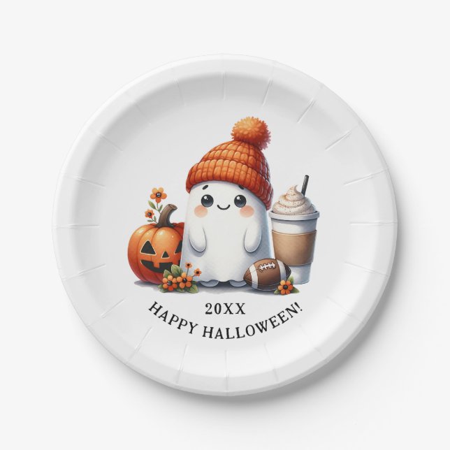 Cute Ghost Football Player Happy Halloween Paper Plates (Front)