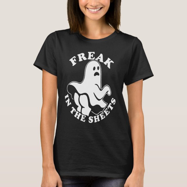 Cute Ghost Freak in the Sheets Halloween Spreadshe T-Shirt (Front)