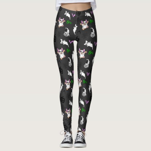 Cute ghost French Bulldog bat pumpkin Halloween Leggings