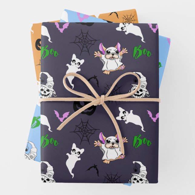 Cute ghost French Bulldog bat pumpkin Halloween Wrapping Paper Sheets (In situ)