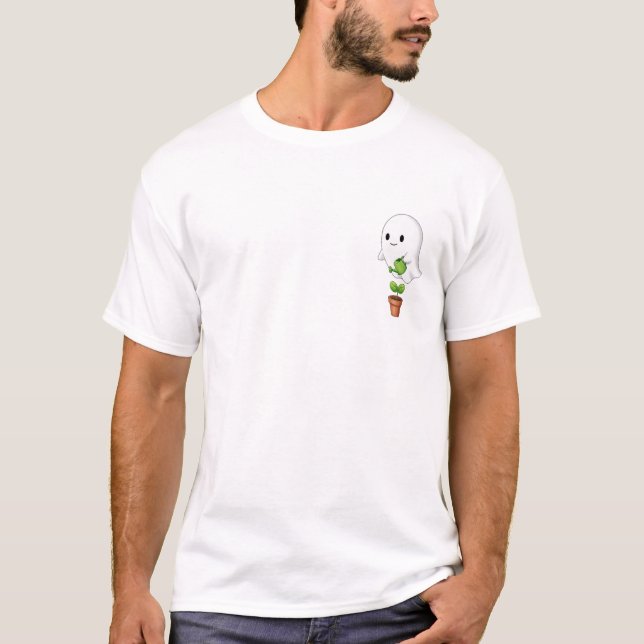 Cute Ghost Gardener Watering a Potted Plant T-Shirt (Front)