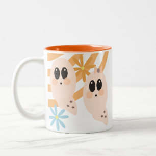 Cute Ghost Ghoul Retro Groovy Floral Two-Tone Coffee Mug