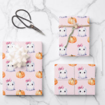 Cute Ghost Girl Pumpkin Watercolour Pink Halloween Wrapping Paper Sheets