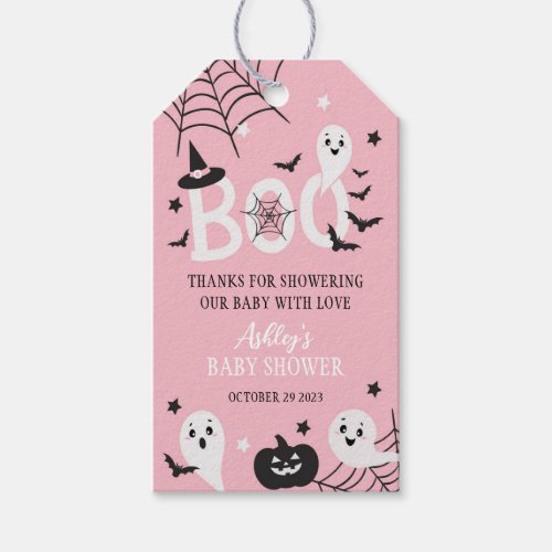 Cute Ghost Halloween Baby Shower Favor Tag Pink