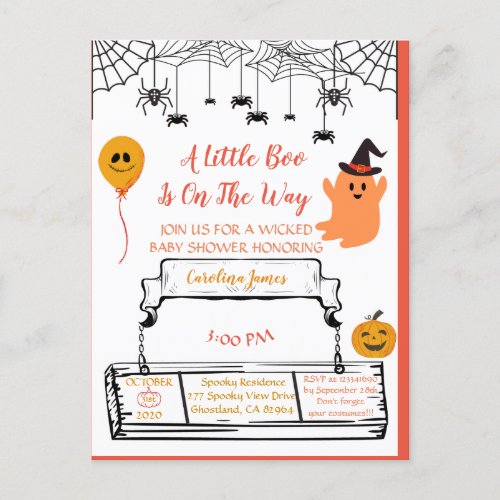 Cute Ghost Halloween Baby Shower Orange Little Boo Announcement Postcard