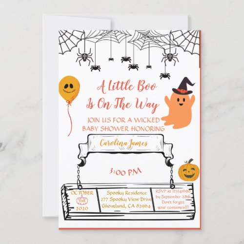 Cute Ghost Halloween Baby Shower Orange Little Boo Invitation