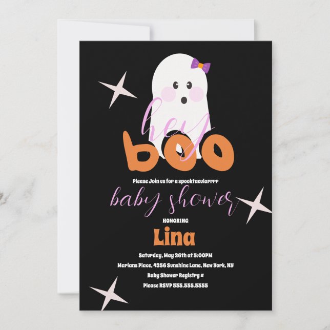 Cute Ghost Halloween Baby Shower Retro Script Invitation (Front)