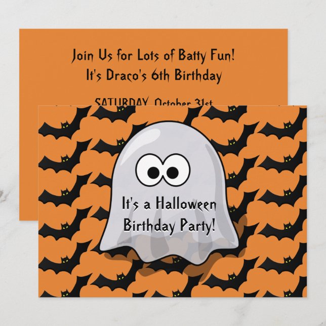 Cute Ghost Halloween Birthday Party Bats Orange Invitation (Front/Back)