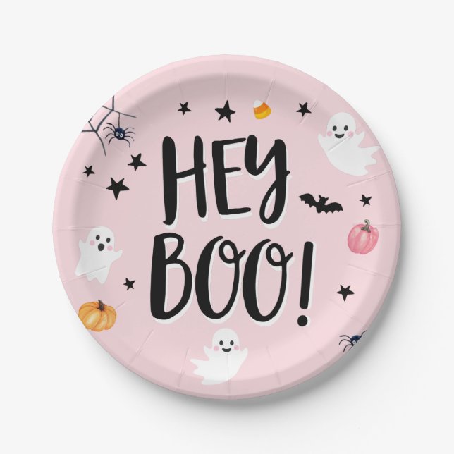 Cute Ghost Halloween Birthday Party Girl Pink Paper Plates (Front)