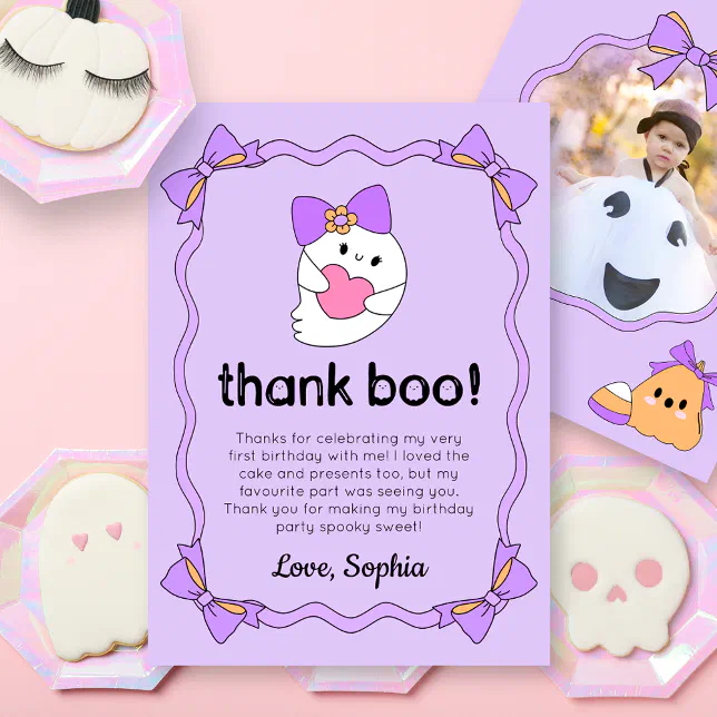 Cute Ghost Halloween Birthday Thank You Card | Zazzle