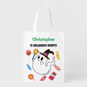 Cute Ghost Halloween Boo Spooky kid Name Treat  Grocery Bag