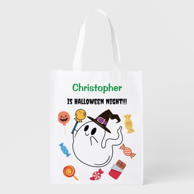 Cute Ghost Halloween Boo Spooky kid Name Treat  Grocery Bag (Front)