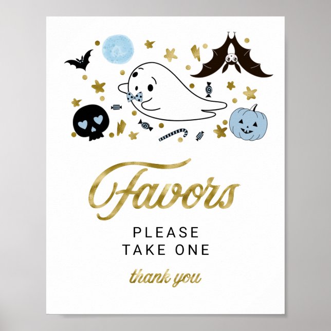 Cute Ghost Halloween Boy Baby Shower Favors Sign (Front)