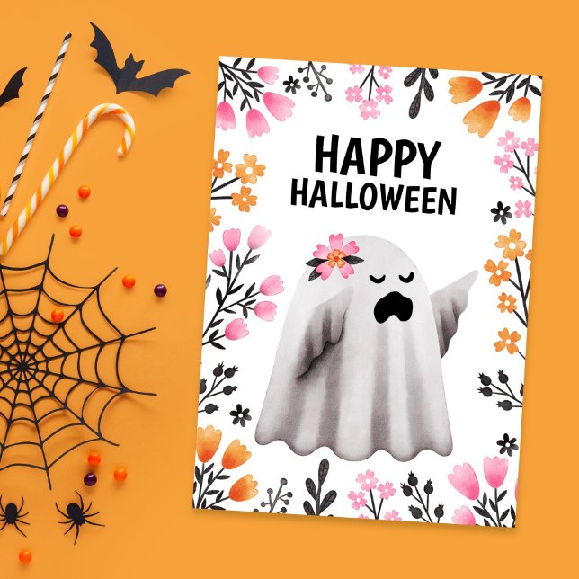 Cute Ghost Halloween Card with Pastel Florals (Cute Ghost Halloween Card with Pastel Florals)