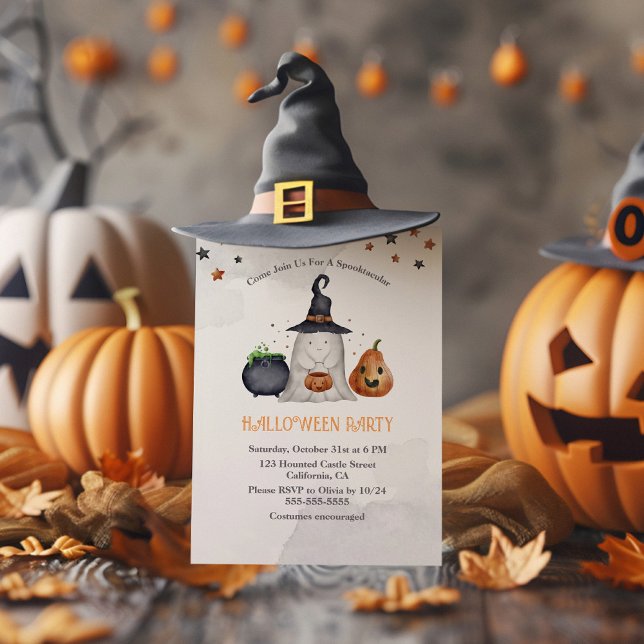 Cute Ghost Halloween Custom Party Invitation (Cute Ghost Halloween Custom Party Invitation on a rustic table with Halloween decoration)