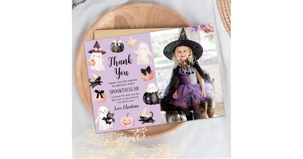 Cute Ghost Halloween Girl Birthday Party Photo Thank You Card | Zazzle