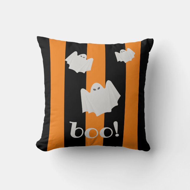 Cute Ghost Halloween Orange and Black Reversible Throw Pillow (Front)