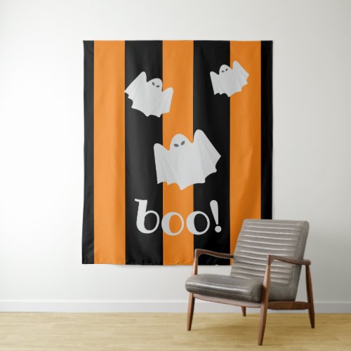 Cute Ghost Halloween Orange and Black Stripe Tapestry