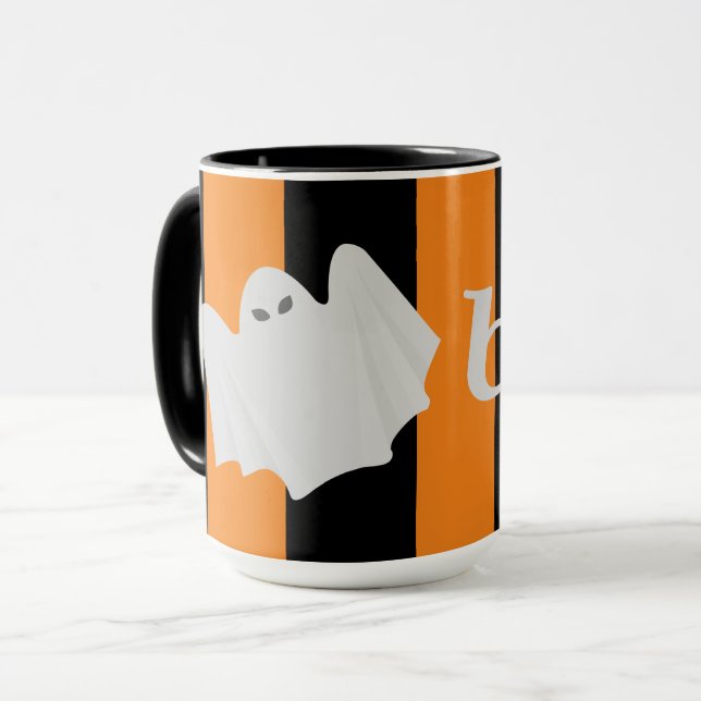 Cute Ghost Halloween Orange and Black Stripes Boo! Mug (Front Left)